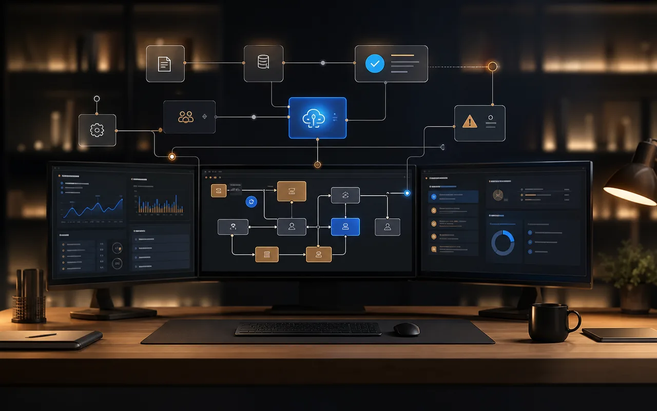 AI workflow automation dashboard connecting data, teams, approvals, and reporting