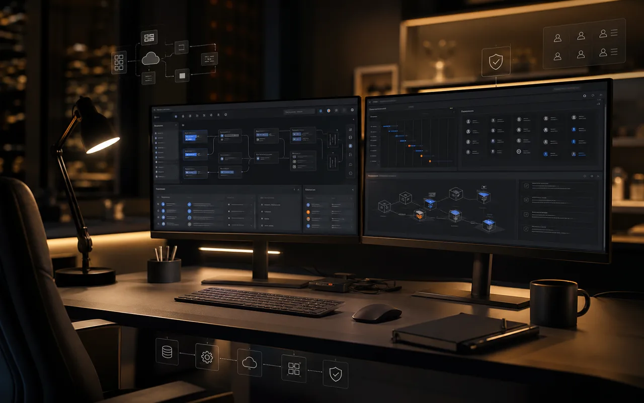 Custom software architecture and operations dashboards across two monitors