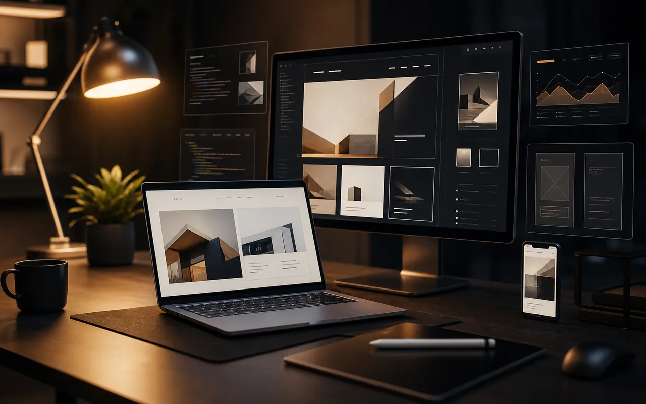 Responsive website design shown across desktop, laptop, and mobile screens