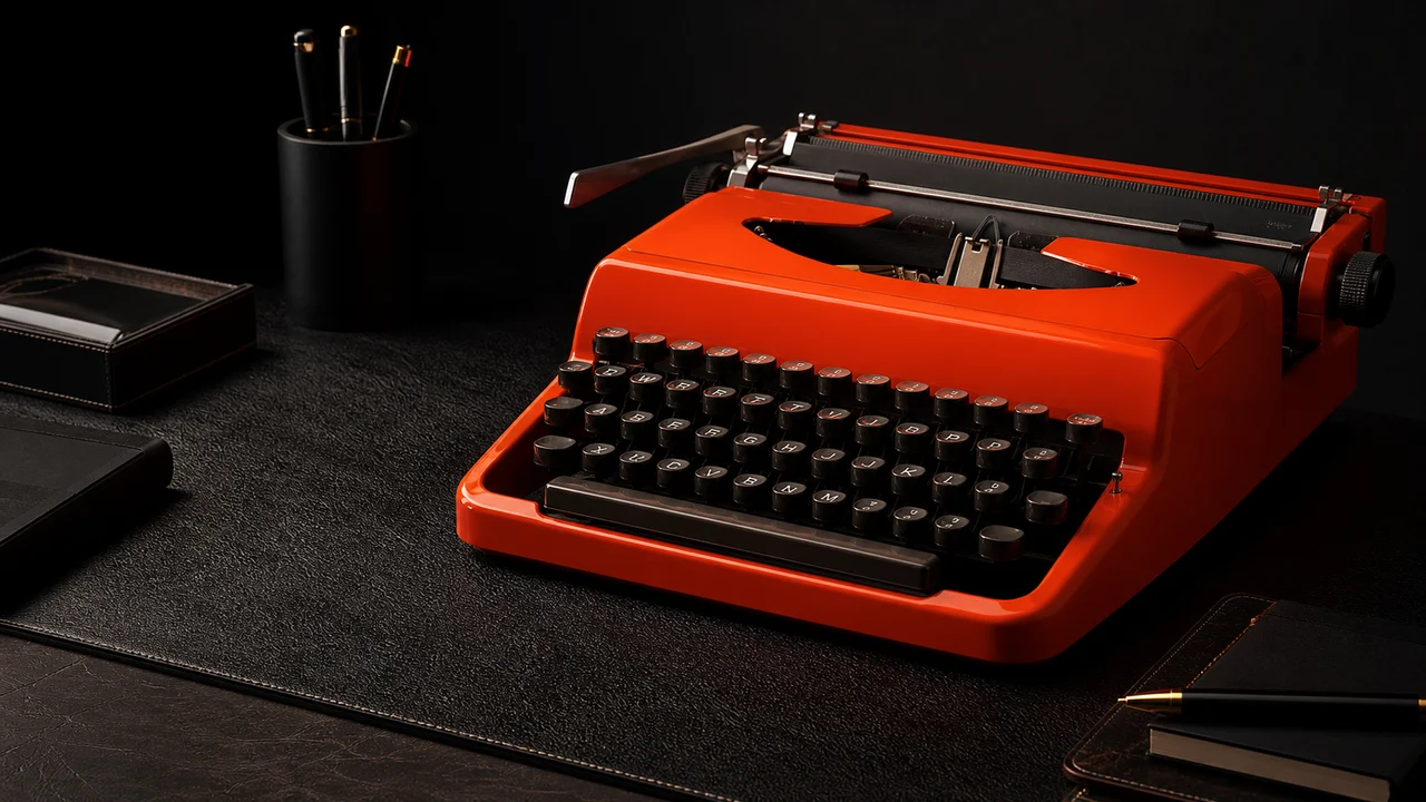 Red typewriter on a dark desk for contacting Octadevstudio