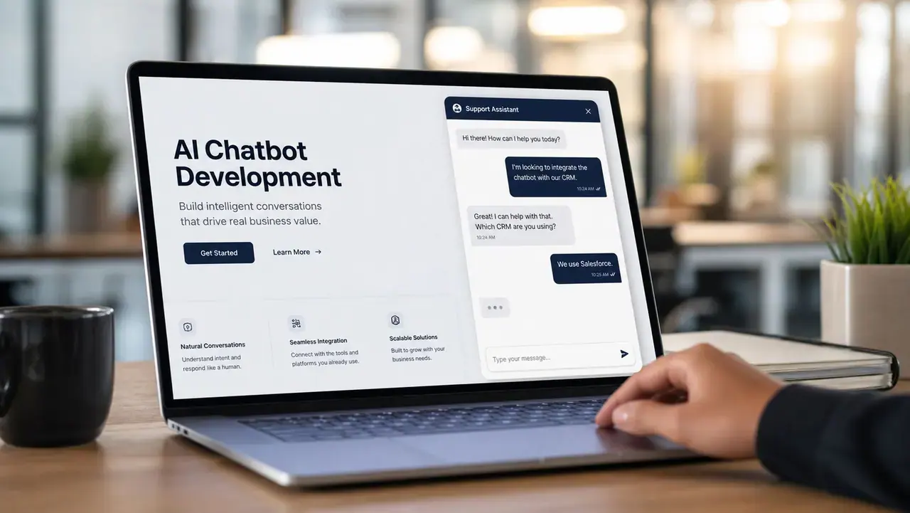 AI chatbot support conversation displayed on a laptop